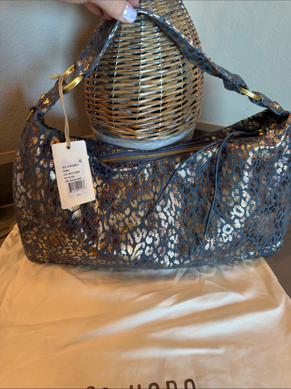 HOBO shoulder bag - blue, w/metallic copper, brown and silver leopard